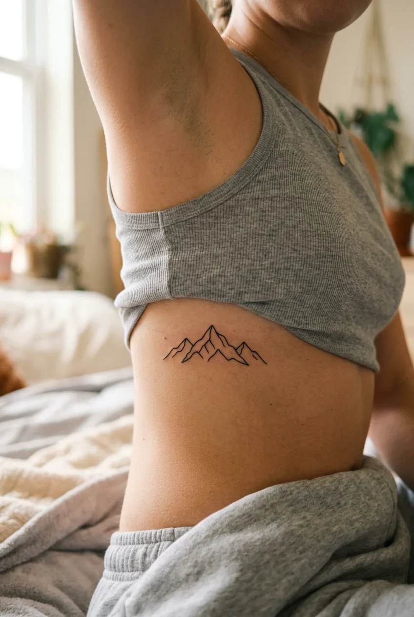 Close-up of hidden mountain outline tattoo on woman's ribcage showing simple black linework design