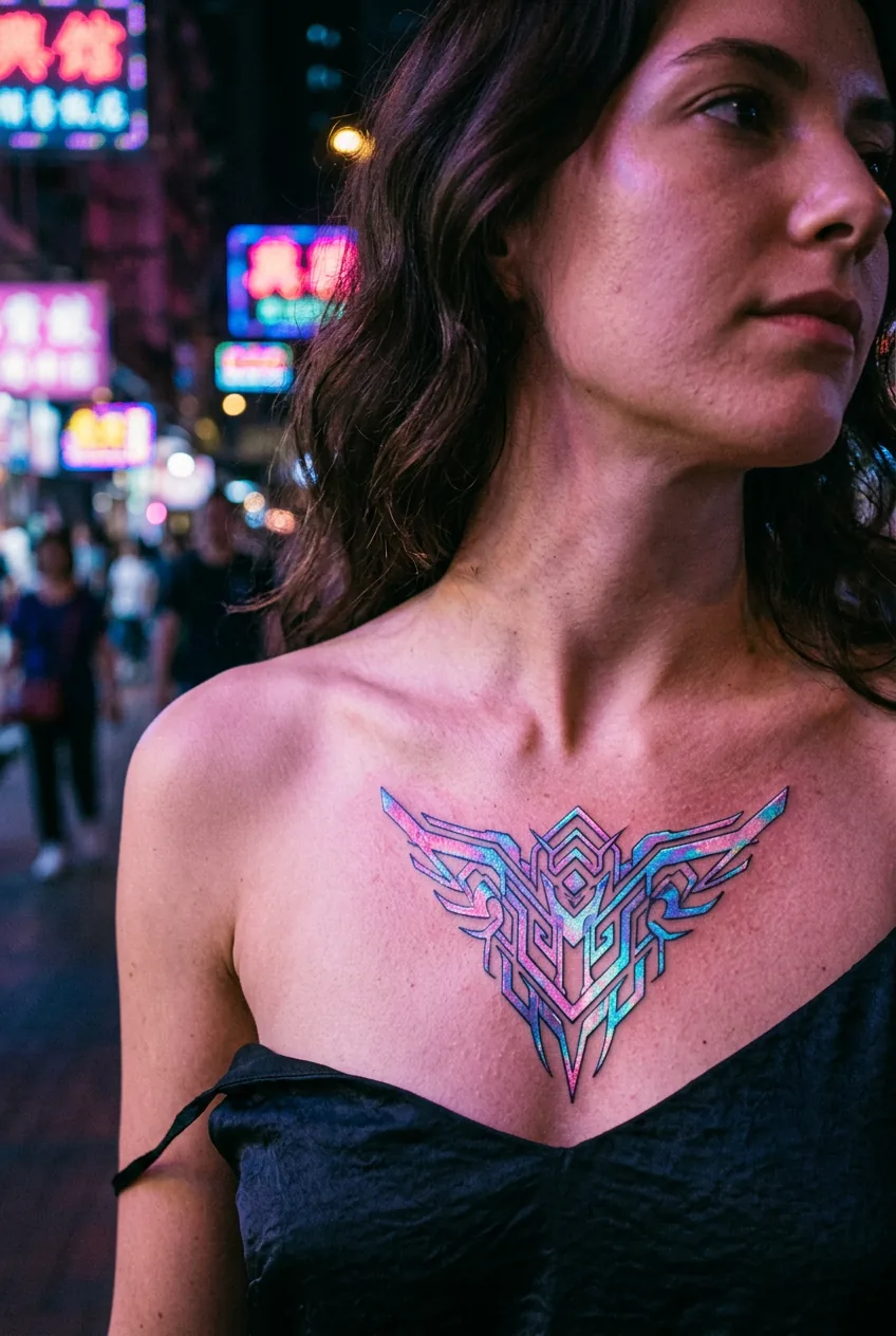 Holographic shimmer effect cybersigilism tattoo catching light with iridescent qualities