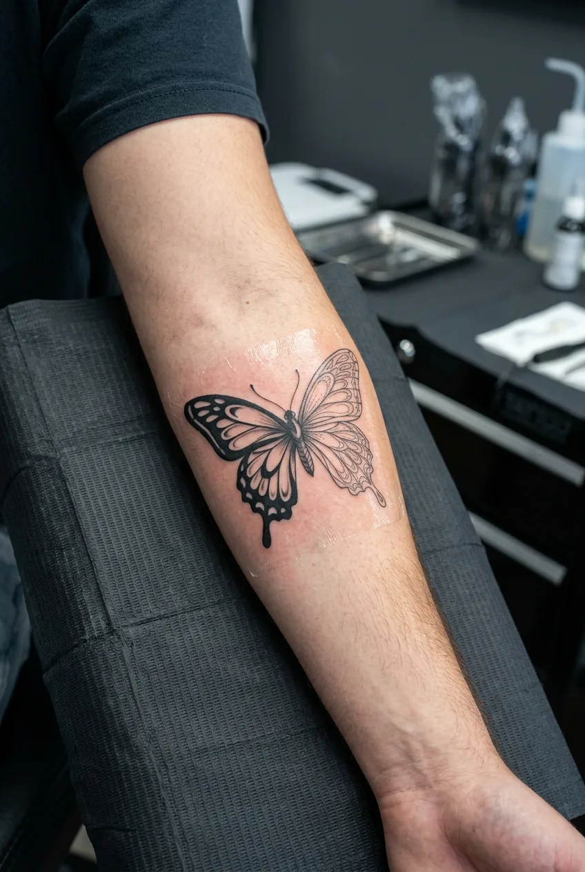 Fresh hybrid butterfly tattoo combining bold outlines with fine line wing details on forearm