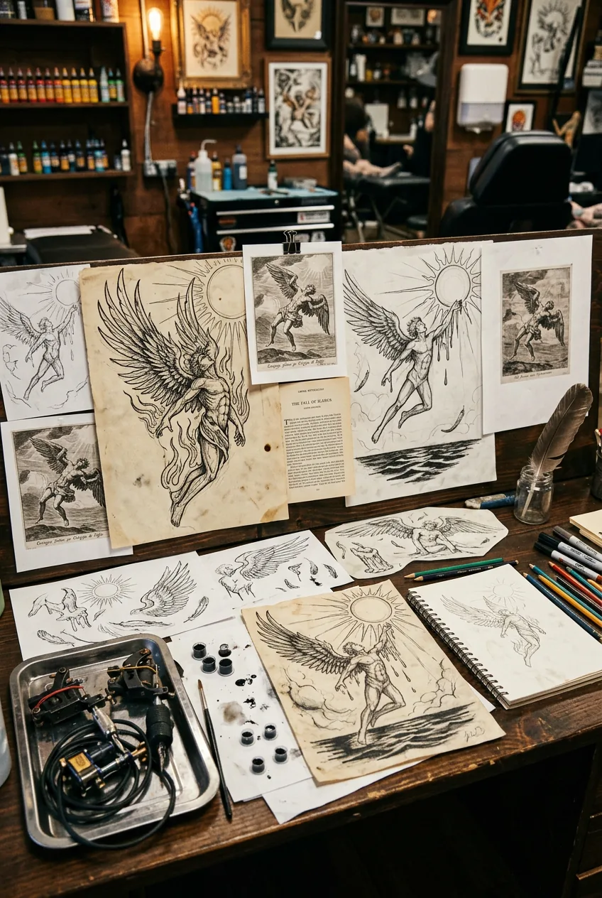 Icarus mythology tattoo design sketches and reference materials on tattoo artist's workspace