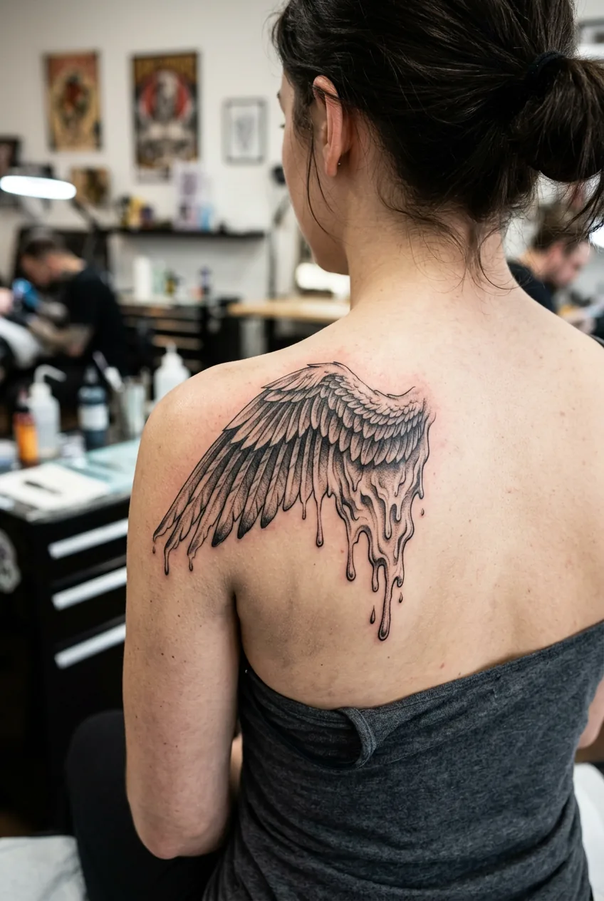 Close-up of detailed Icarus wings tattoo on woman's shoulder blade showing feather to wax transition