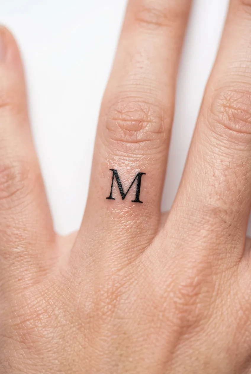 Tiny initial letter tattoo on side of woman's ring finger with clean black line work