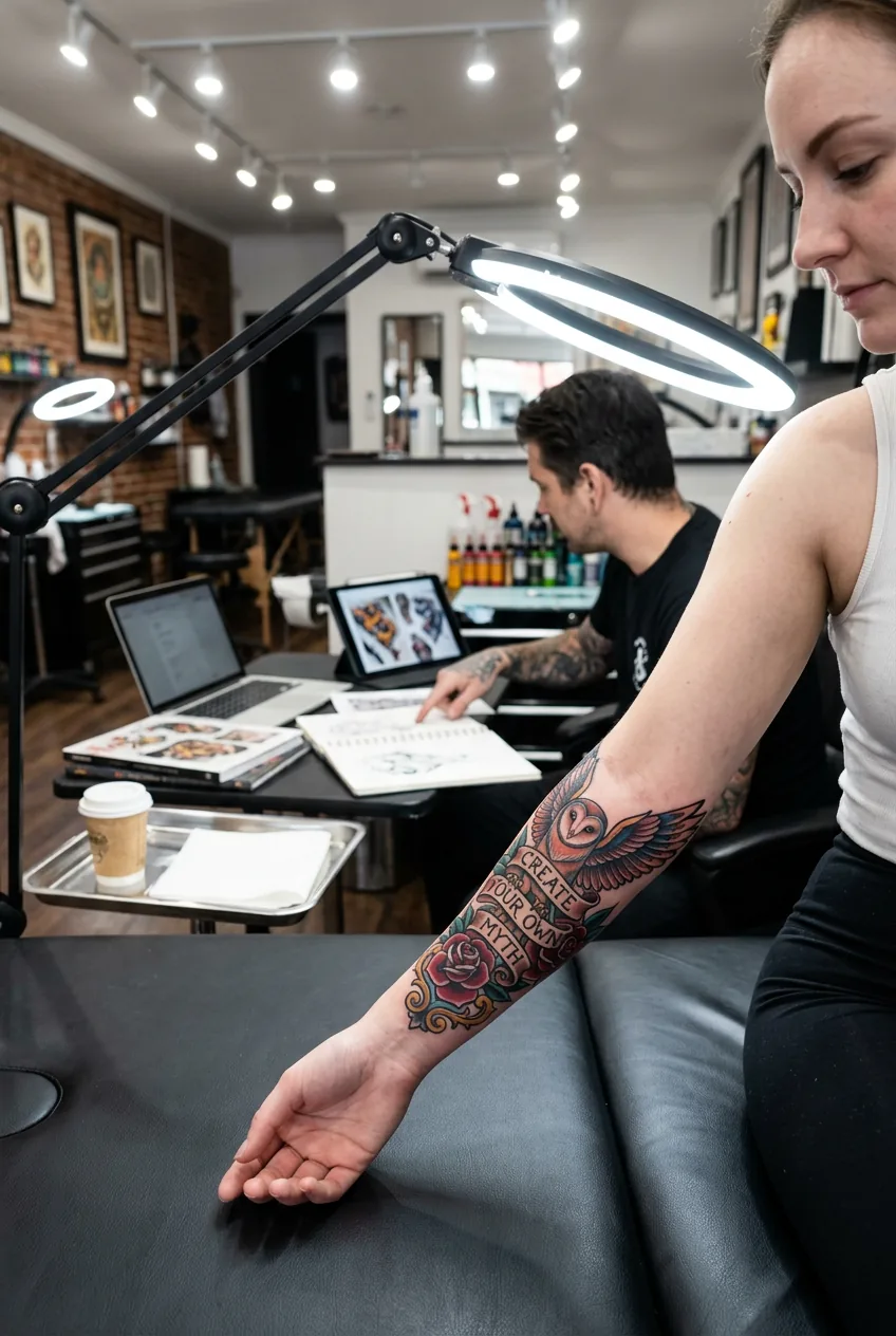 Woman's inner arm displaying neo-traditional tattoo readable from multiple viewing angles