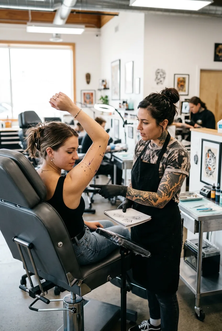 Woman in tattoo chair showing inner bicep area during consultation with artist pointing to options