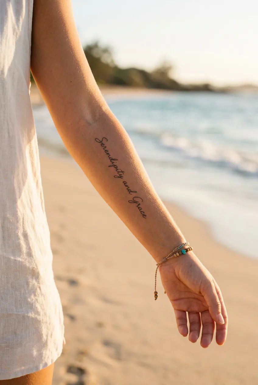 Woman's inner forearm showing script tattoo with warm beach lighting