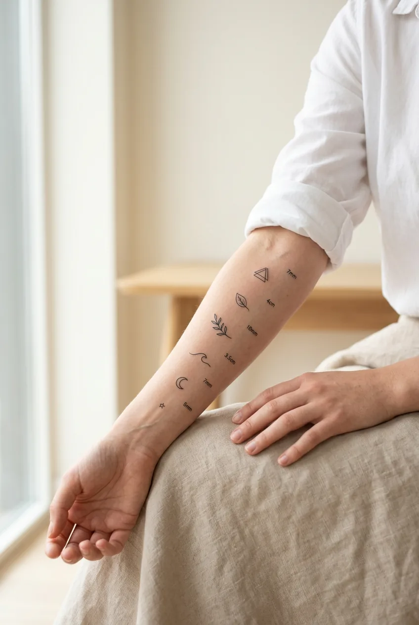 Artistic composition showing woman's arm with thoughtfully spaced small tattoos emphasizing intentional placement and negative space