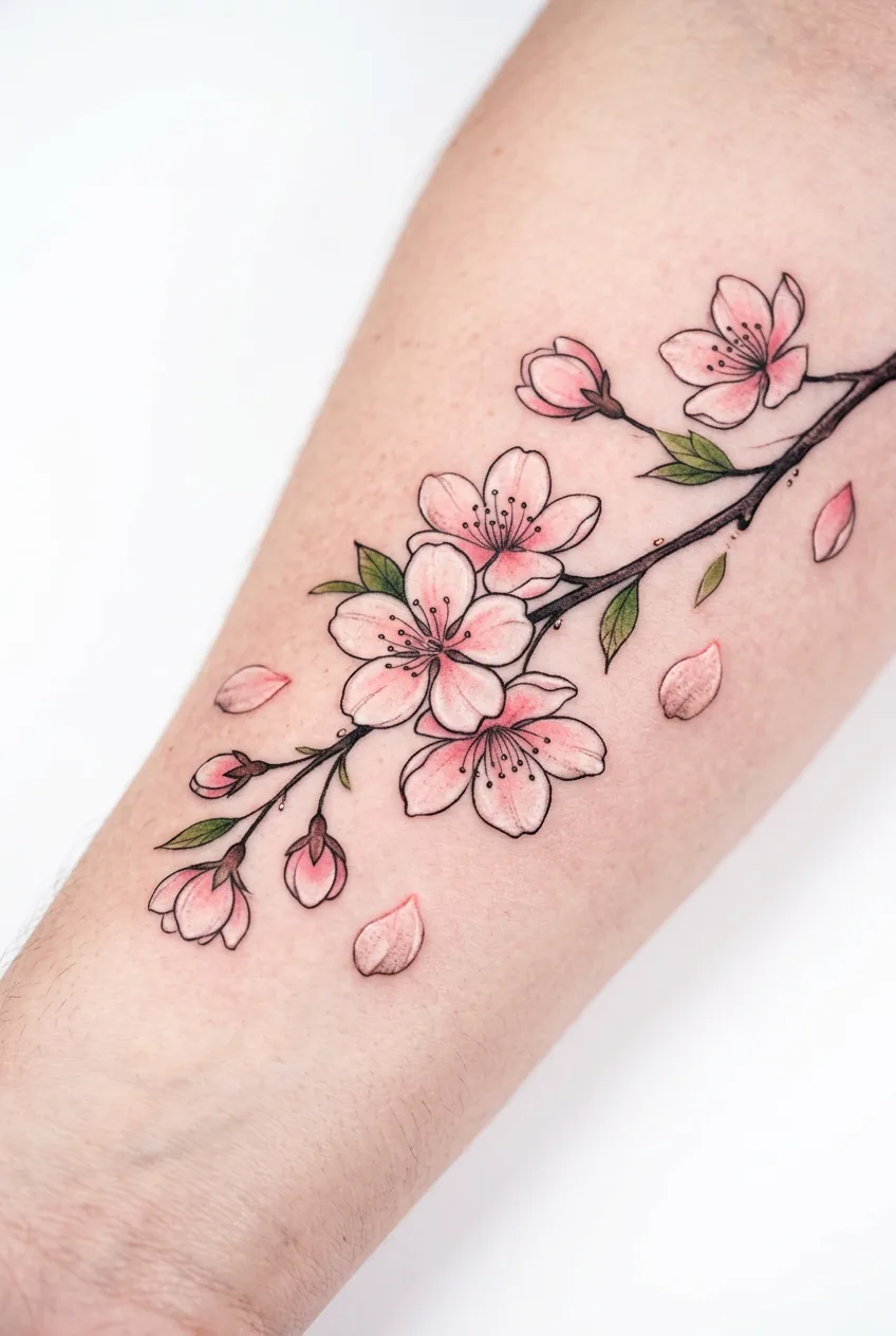Japanese cherry blossom branch tattoo with soft pink petals and graceful branch work