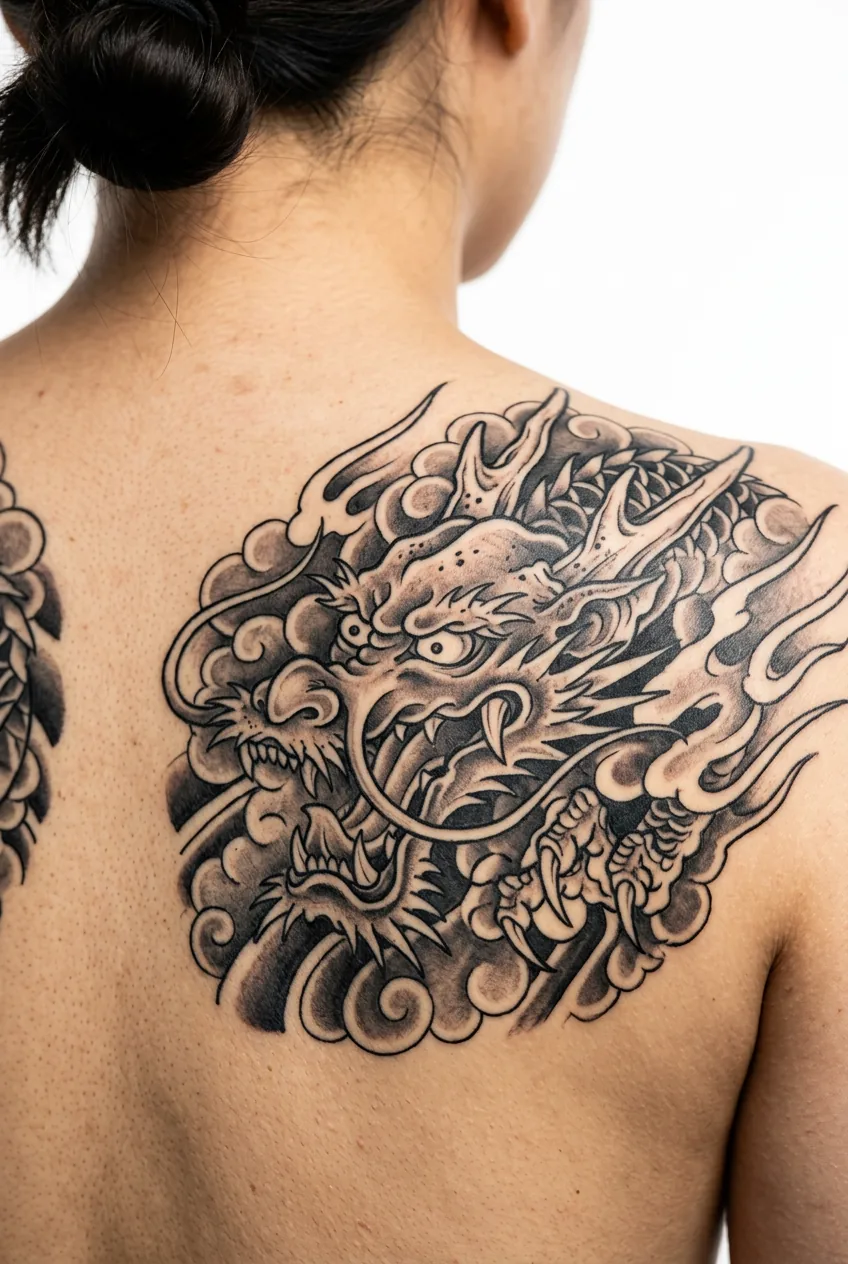 Japanese Ryu dragon emerging from stylized clouds on woman's back tattoo