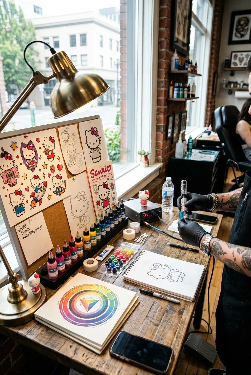 Tattoo artist workspace with Hello Kitty references, color wheel, and professional equipment setup