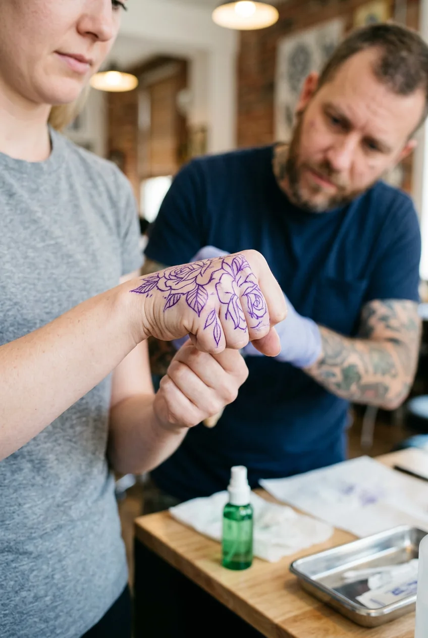 Woman making fist showing how flower stencil on knuckle stretches and distorts with movement