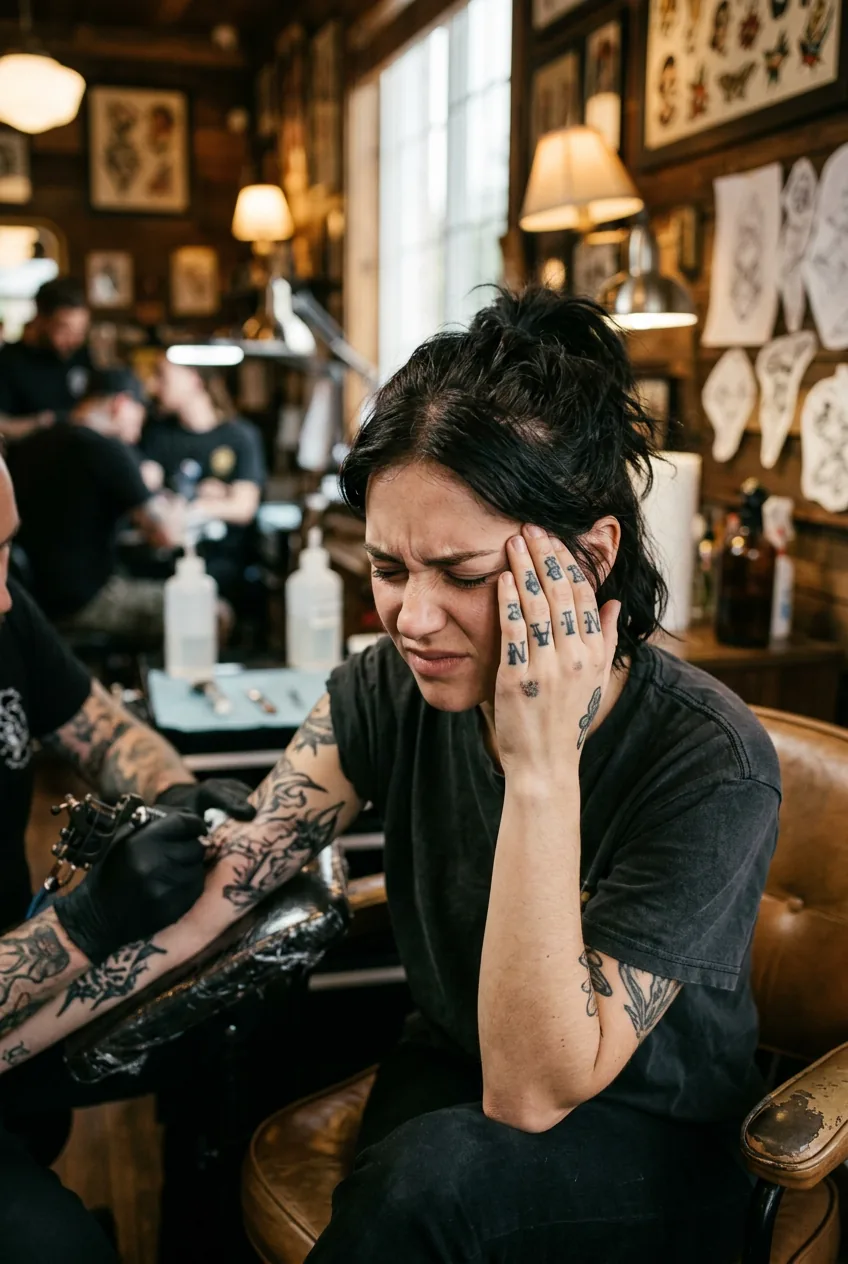 Woman touching her temple showing tattooed knuckles during what appears to be a tattoo session