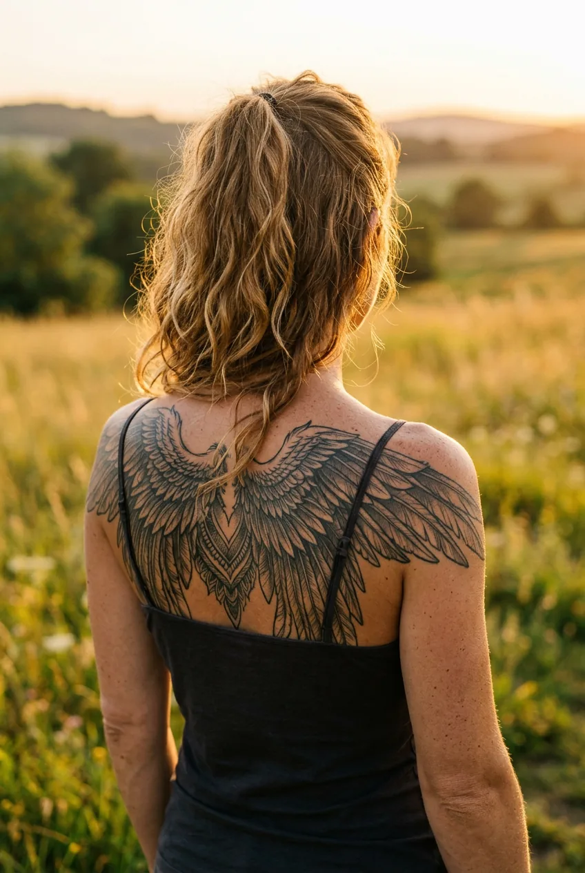 Woman with large angel wings tattoo spanning both shoulder blades in golden hour lighting