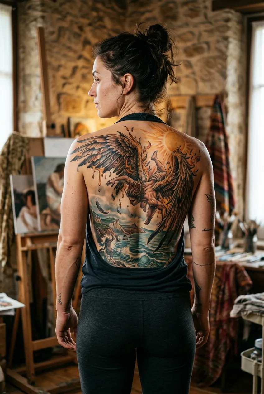 Woman showing large back piece Icarus tattoo with flowing wings and melting wax elements