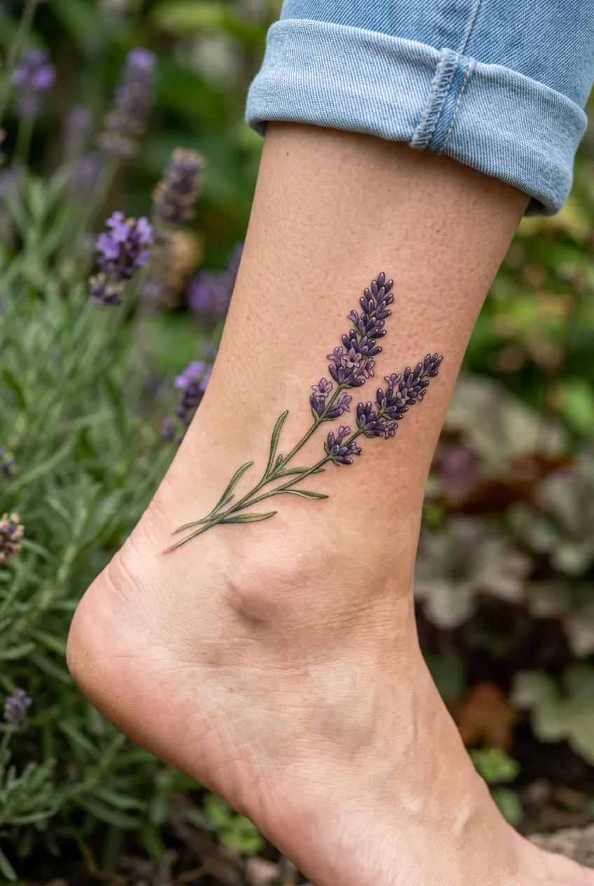 Lavender branch tattoo wrapping around woman's ankle with incredible detail in each flower and stem