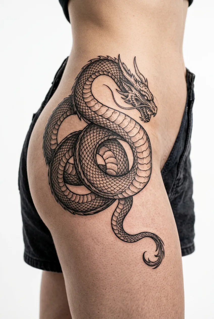 Wingless lindworm dragon coiled protectively around hip and side area