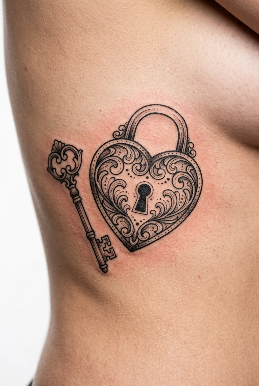 Ribcage showing locked heart tattoo design with ornate vintage key and decorative padlock elements