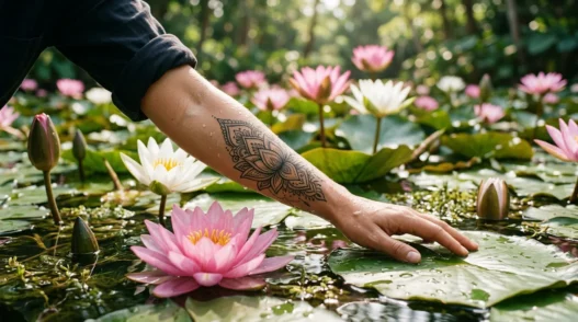 Woman's ankle featuring delicate lotus tattoo surrounded by real lotus flowers and lily pads