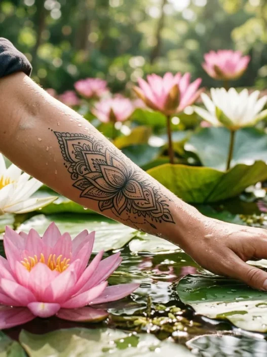 Woman's ankle featuring delicate lotus tattoo surrounded by real lotus flowers and lily pads