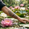 Woman's ankle featuring delicate lotus tattoo surrounded by real lotus flowers and lily pads