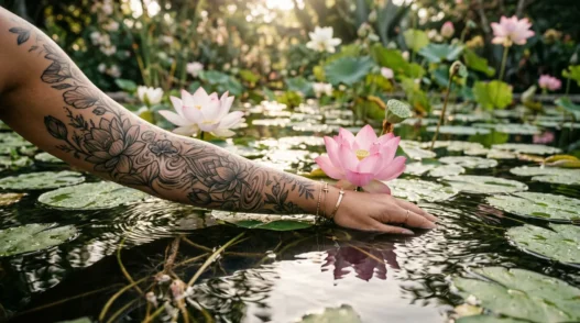 Woman's forearm with lotus henna design near blooming lotus flowers in garden pond with golden reflections
