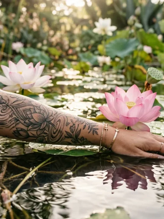 Woman's forearm with lotus henna design near blooming lotus flowers in garden pond with golden reflections