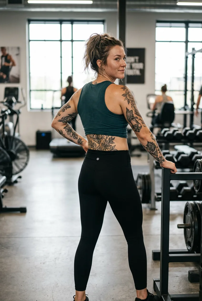 Woman in crop top displaying lower back tattoo detail with confident fitness pose
