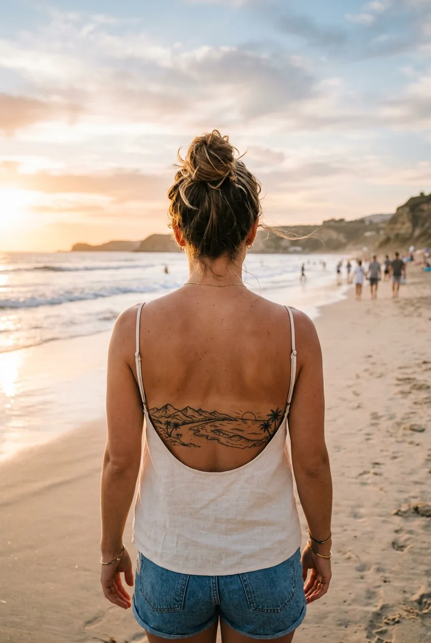 Back view of horizontal landscape tattoo across woman's lower back in summer top