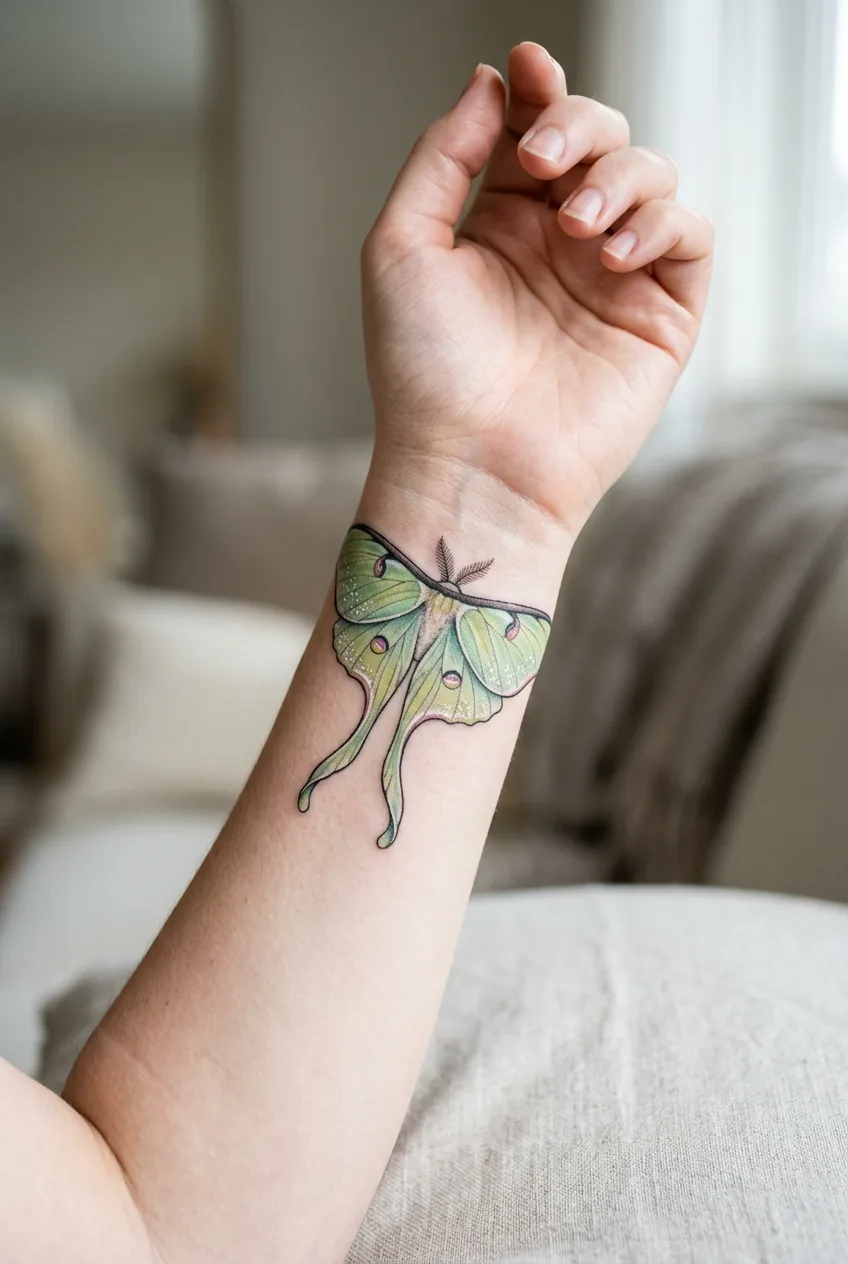 Luna moth tattoo on woman's inner wrist featuring pale green wings and intricate shading work