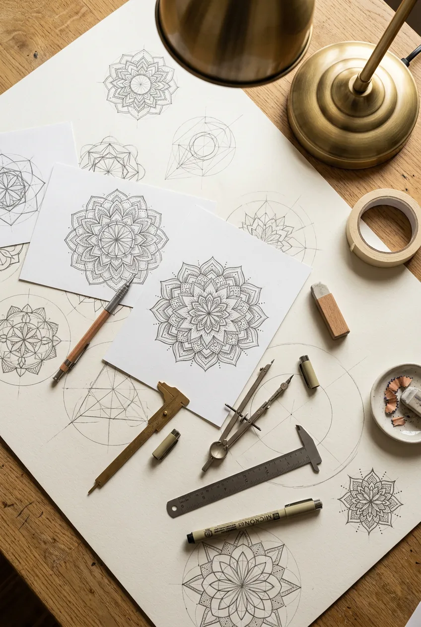 Flat lay of geometric mandala tattoo designs and sketches on white paper with planning tools under warm desk lighting