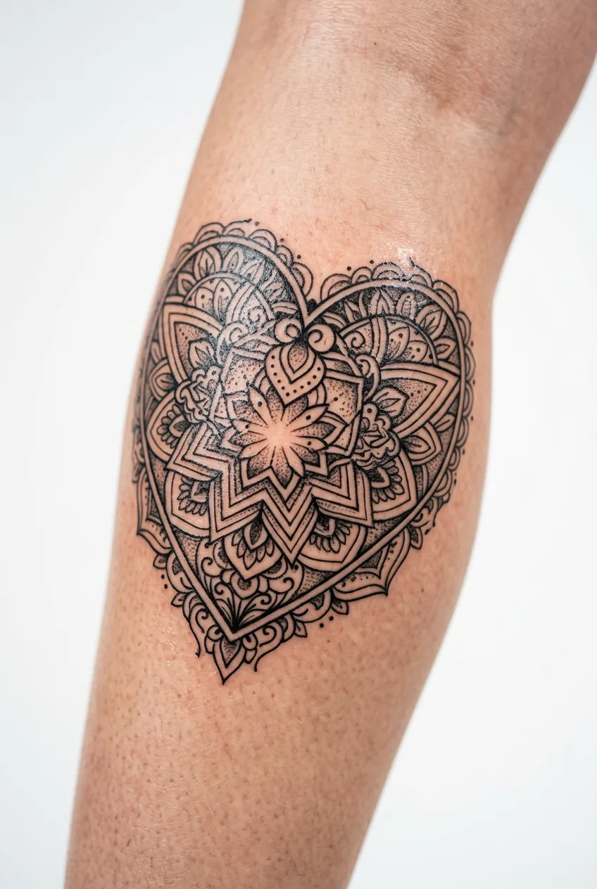 Calf displaying mandala heart tattoo with symmetric geometric patterns radiating from heart center