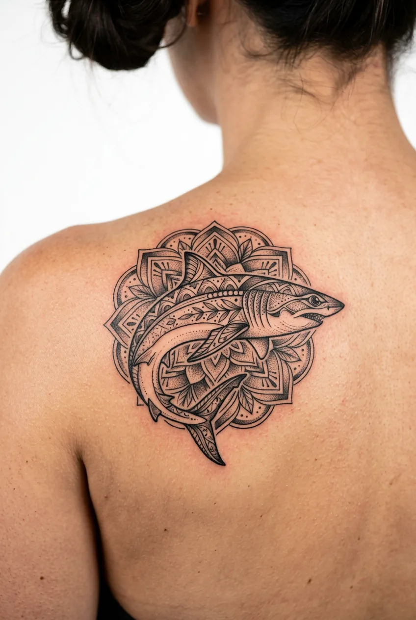 Fresh mandala mako shark tattoo with intricate circular patterns on woman's shoulder blade