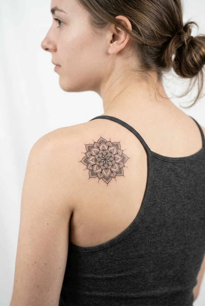 Small geometric mandala tattoo on woman's shoulder blade showing precise detail