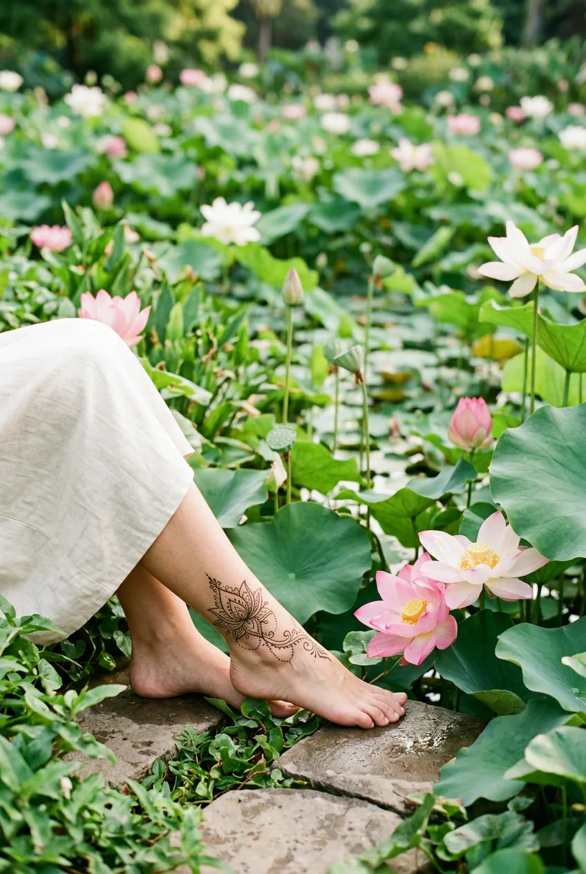 Woman's shoulder displaying intricate mandala tattoo among sunflowers and geometric succulents