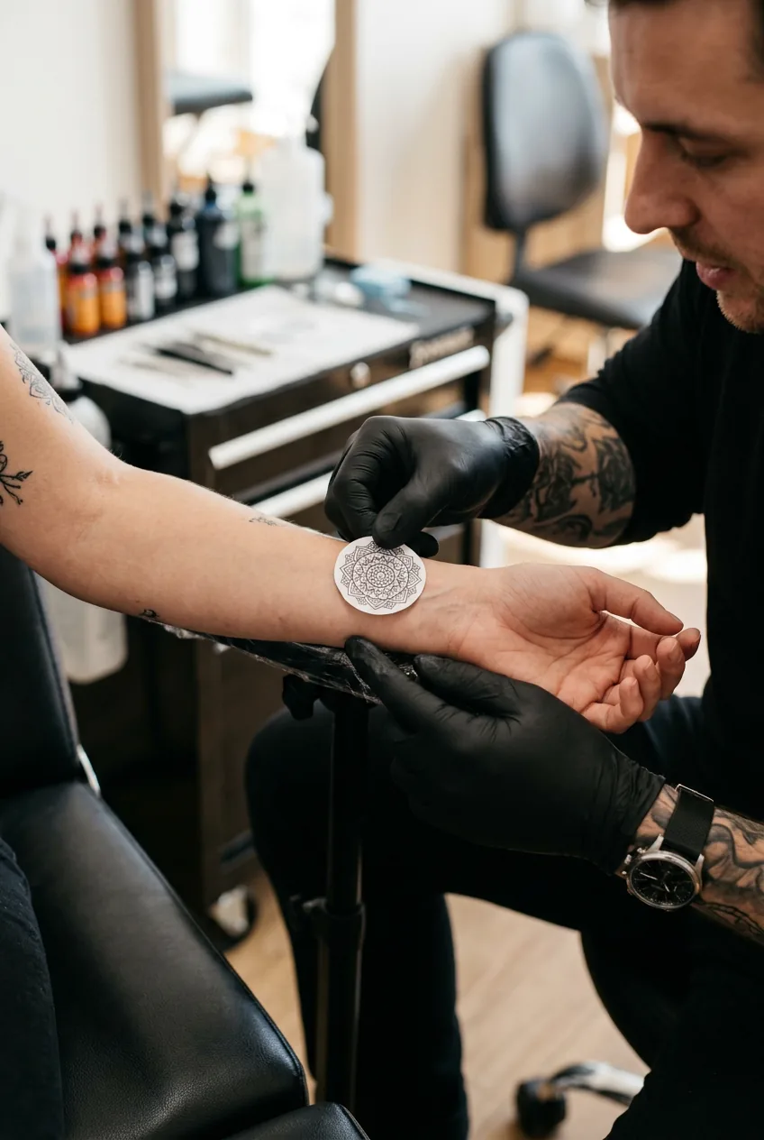 Tattoo artist demonstrating mandala design size against woman