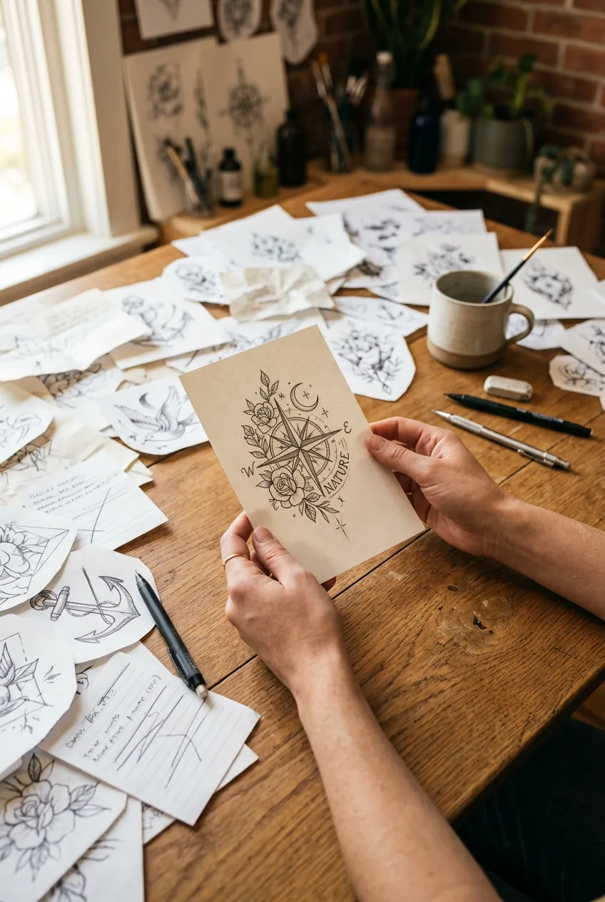 Woman's hands holding selected tattoo design sketch surrounded by discarded design papers in organized workspace
