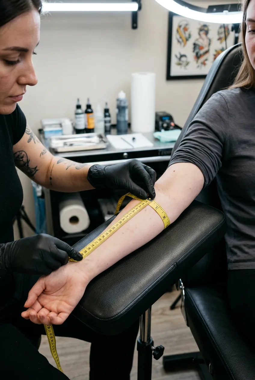 Hands using measuring tape to determine tattoo placement area on person