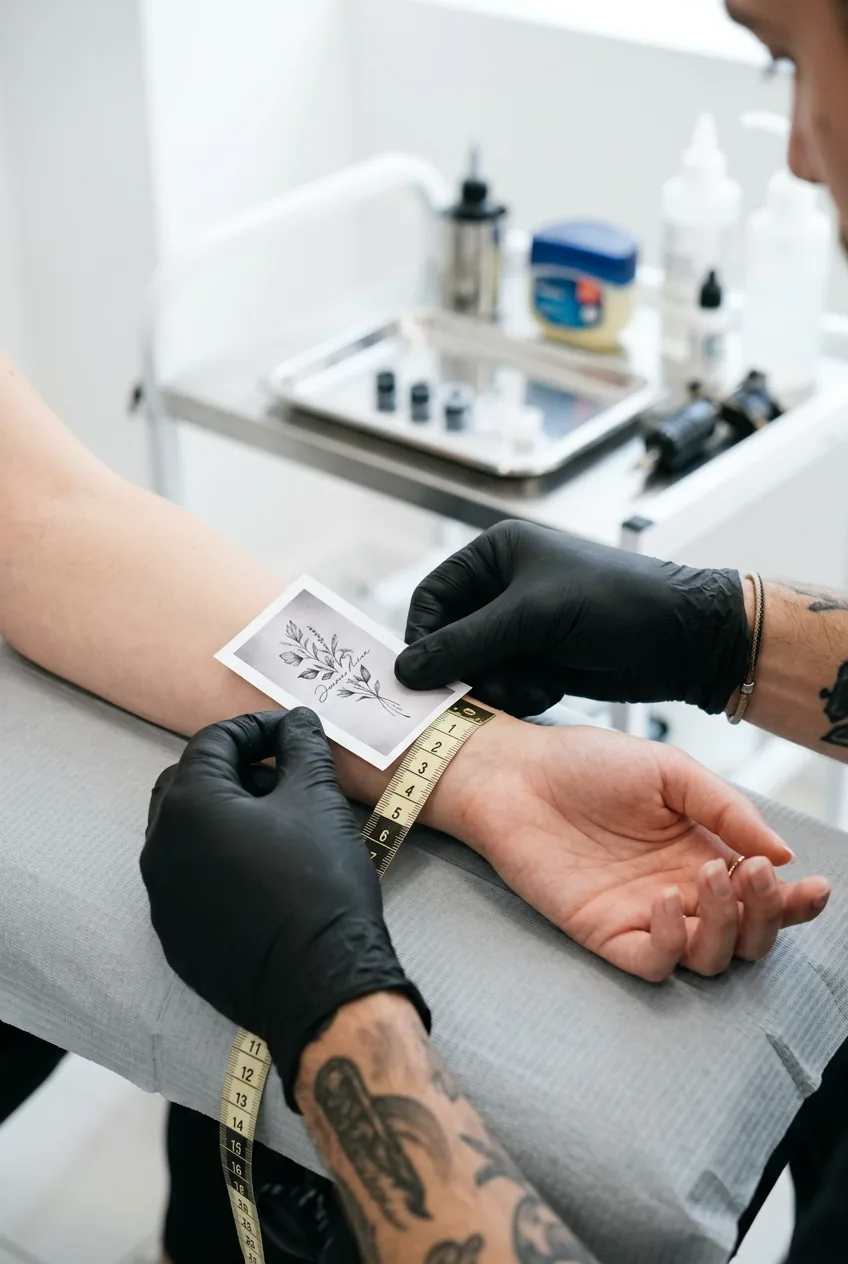 close-up of hands holding small design reference sheet next to woman's inner wrist with measuring tape