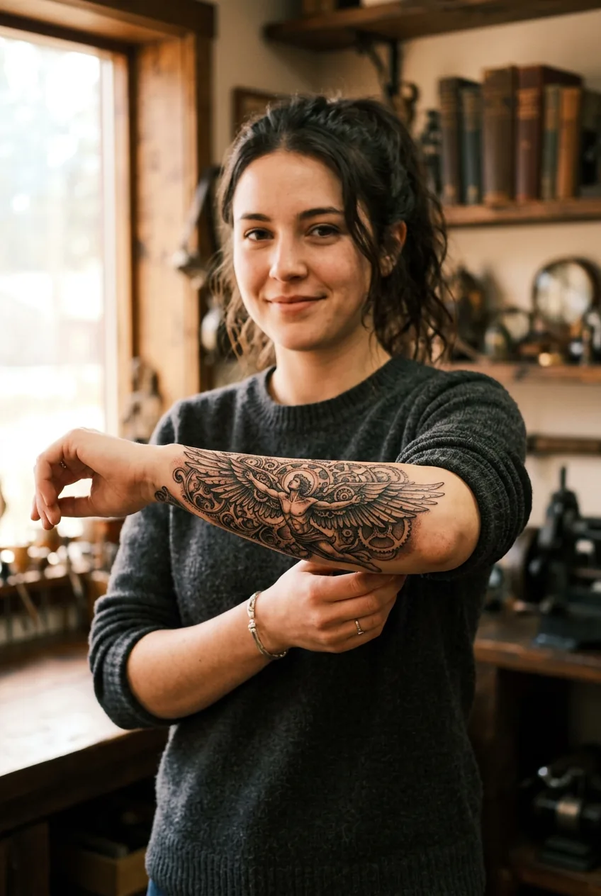 Woman showing mechanical steampunk-inspired Icarus wings tattoo with gears on her forearm