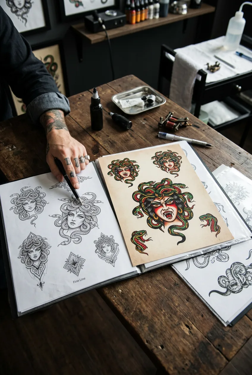 Portfolio sheets with Medusa designs spread on studio table during artist consultation session