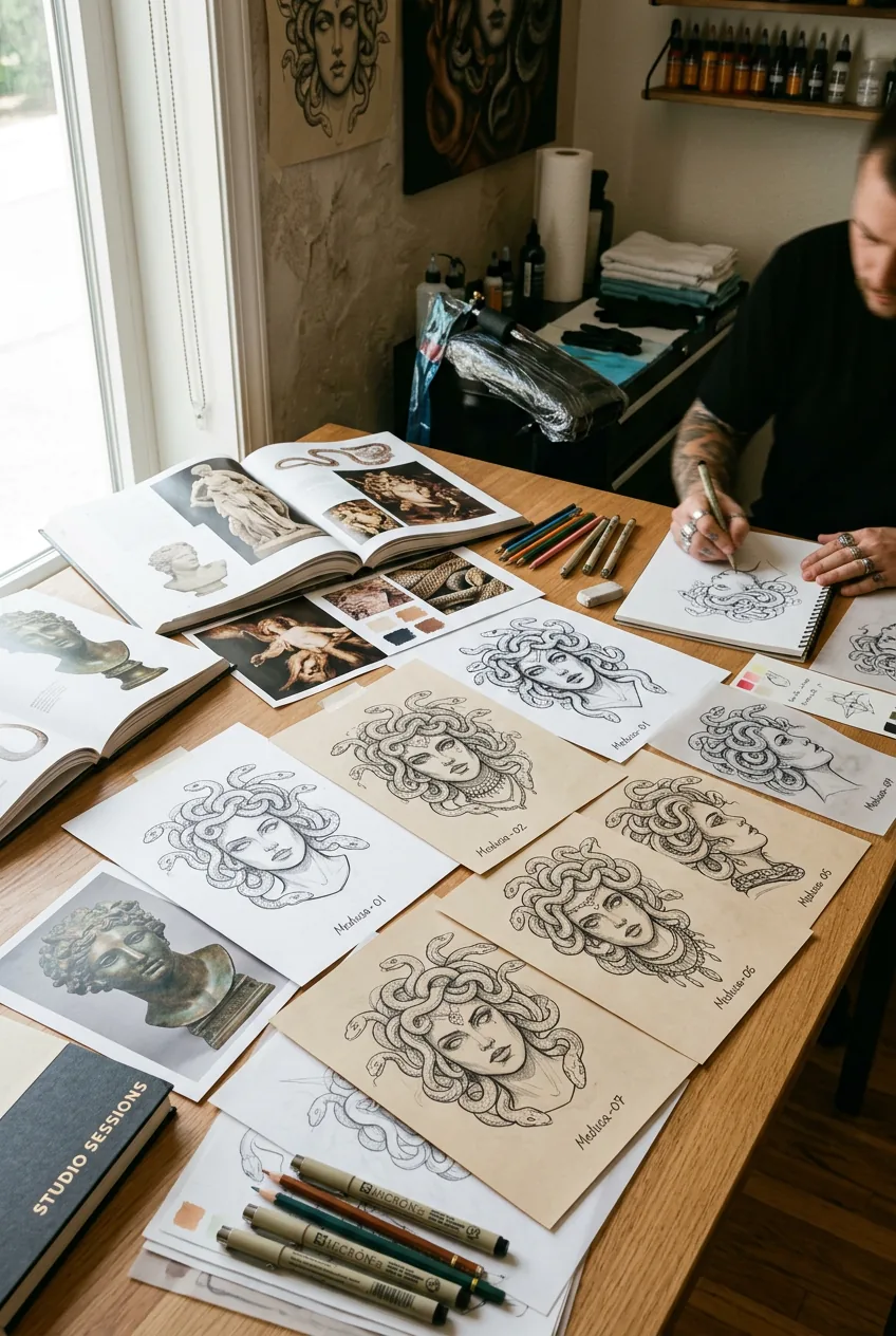 Multiple Medusa tattoo sketches showing different face directions and angles spread across artist's desk