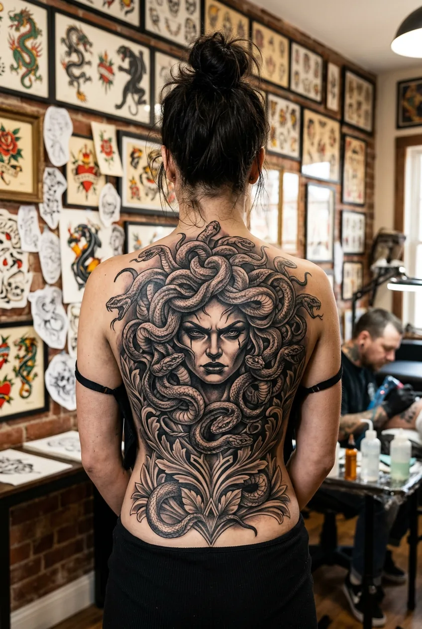 Intricate Medusa back piece tattoo showing serpent hair detail in black and grey on female model