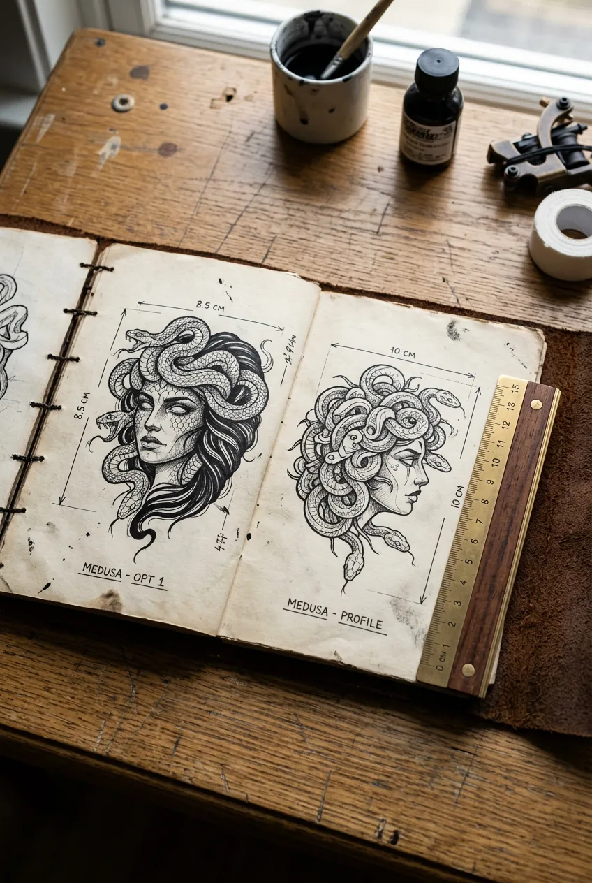 Open tattoo portfolio showing fine line Medusa designs with measuring ruler indicating required minimum sizing