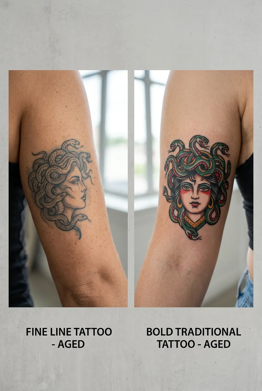 Before and after comparison of fine line and bold Medusa tattoos showing long-term aging