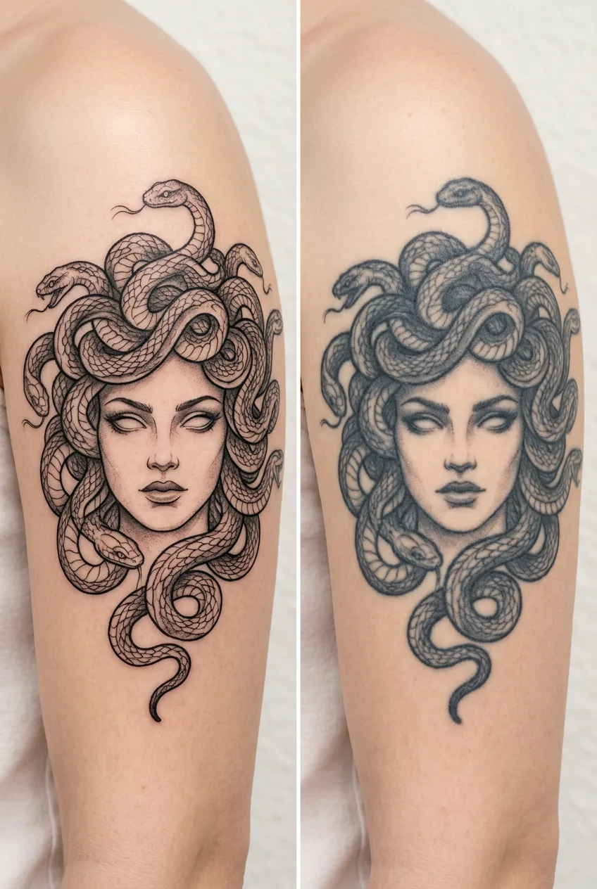 Before and after comparison photos showing how Medusa tattoo details change and fade over five to ten years