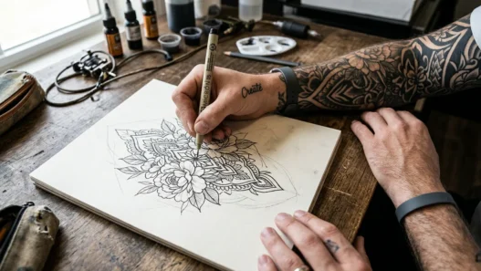 Tattoo artist's hand sketching custom Medusa design on paper with client's tattooed arm resting nearby