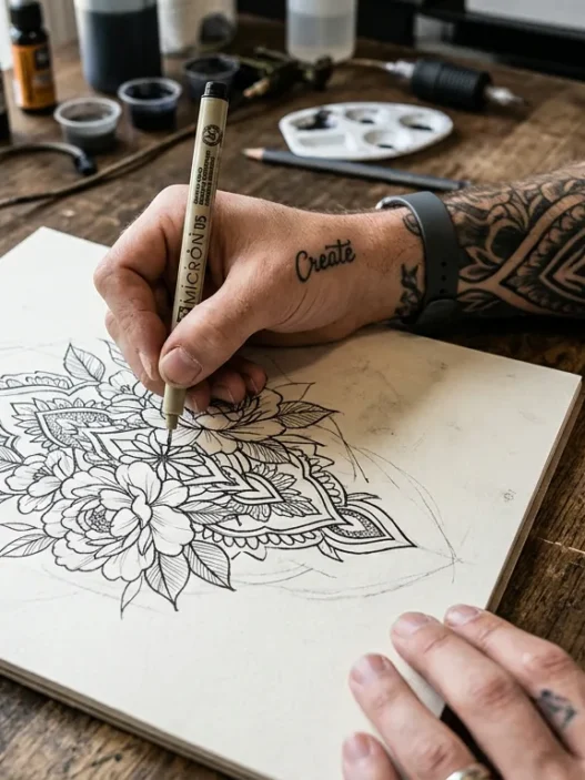 Tattoo artist's hand sketching custom Medusa design on paper with client's tattooed arm resting nearby