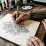 Tattoo artist's hand sketching custom Medusa design on paper with client's tattooed arm resting nearby