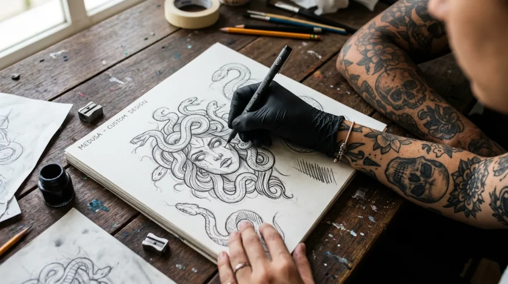 Tattoo artist's hand sketching custom Medusa design on paper with client's tattooed arm resting nearby on studio desk