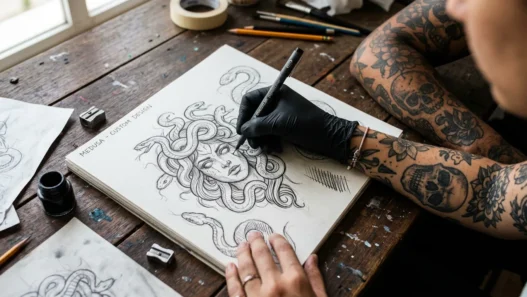 Tattoo artist's hand sketching custom Medusa design on paper with client's tattooed arm resting nearby on studio desk