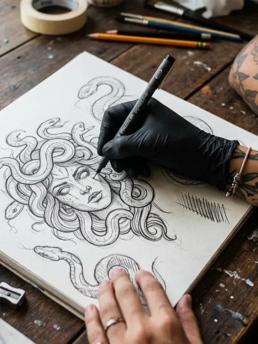 Tattoo artist's hand sketching custom Medusa design on paper with client's tattooed arm resting nearby on studio desk